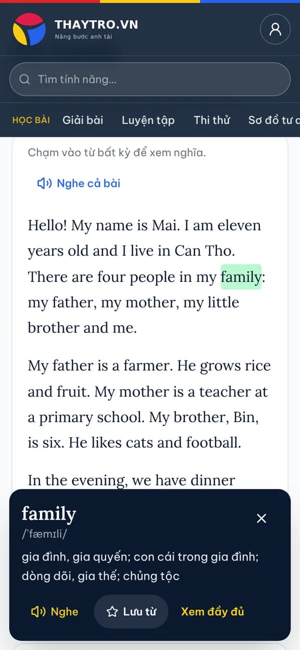 Tiếng Anh: Đọc hiểu “My Family”: chạm vào một từ trong bài để xem phiên âm, nghĩa tiếng Việt, nghe và lưu vào sổ từ