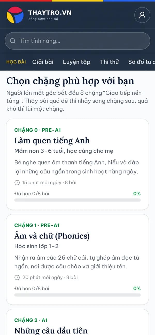 Tiếng Anh: Giáo trình Nghe – Nói RON ENGLISH 7 chặng từ mầm non đến người đi làm: mỗi chặng ghi rõ đối tượng, mục tiêu, thời lượng mỗi ngày và tiến độ