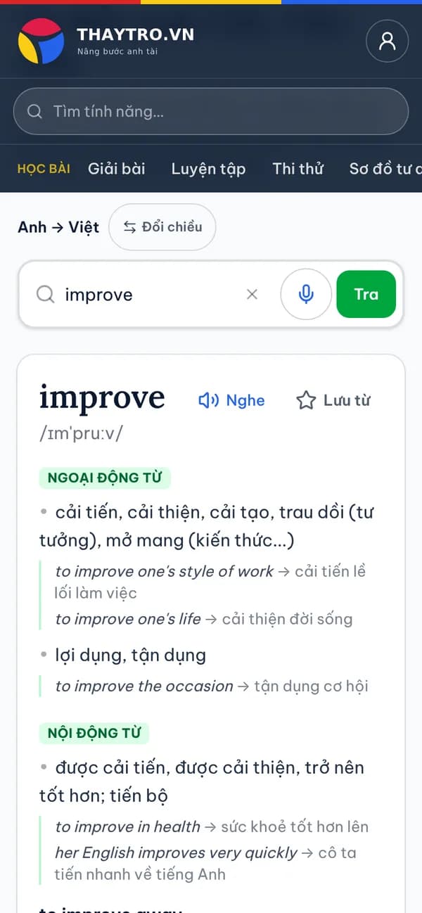 Tiếng Anh: Từ điển Anh – Việt: tra “improve” có phiên âm, loại từ, nghĩa tiếng Việt và câu ví dụ