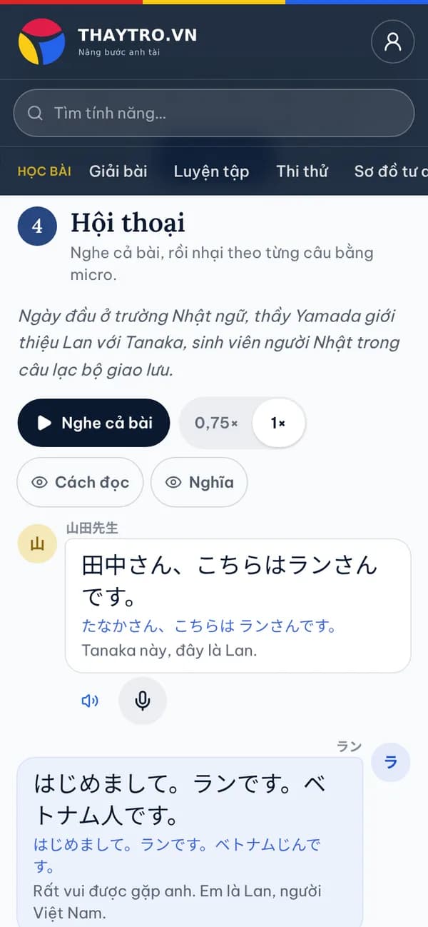 Tiếng Nhật: Hội thoại bài 1: bong bóng thoại có cách đọc và nghĩa, nút nghe cả bài, đổi tốc độ, micro nhại theo