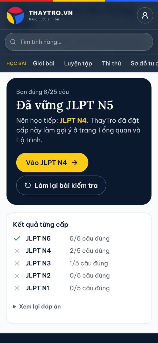 Tiếng Nhật: Kết quả kiểm tra trình độ: đúng 8/25 câu, “Đã vững JLPT N5”, gợi ý cấp nên học tiếp và điểm từng cấp
