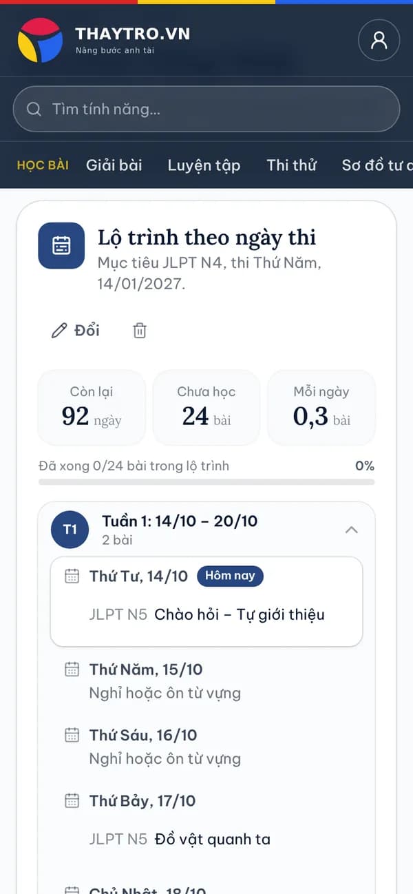Tiếng Nhật: Lộ trình theo ngày thi: mục tiêu JLPT N4, thi ngày 14/01/2027, số bài mỗi ngày và lịch học từng tuần