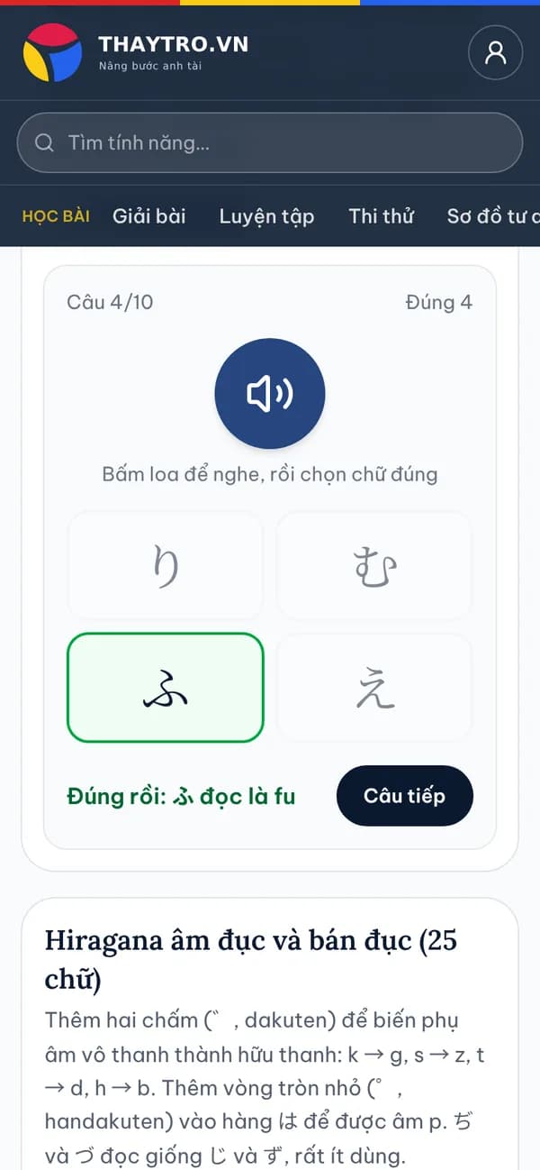 Tiếng Nhật: Luyện nhận mặt chữ hiragana cơ bản (46 chữ): nghe âm, chọn đúng chữ, đúng 4/4 câu đầu