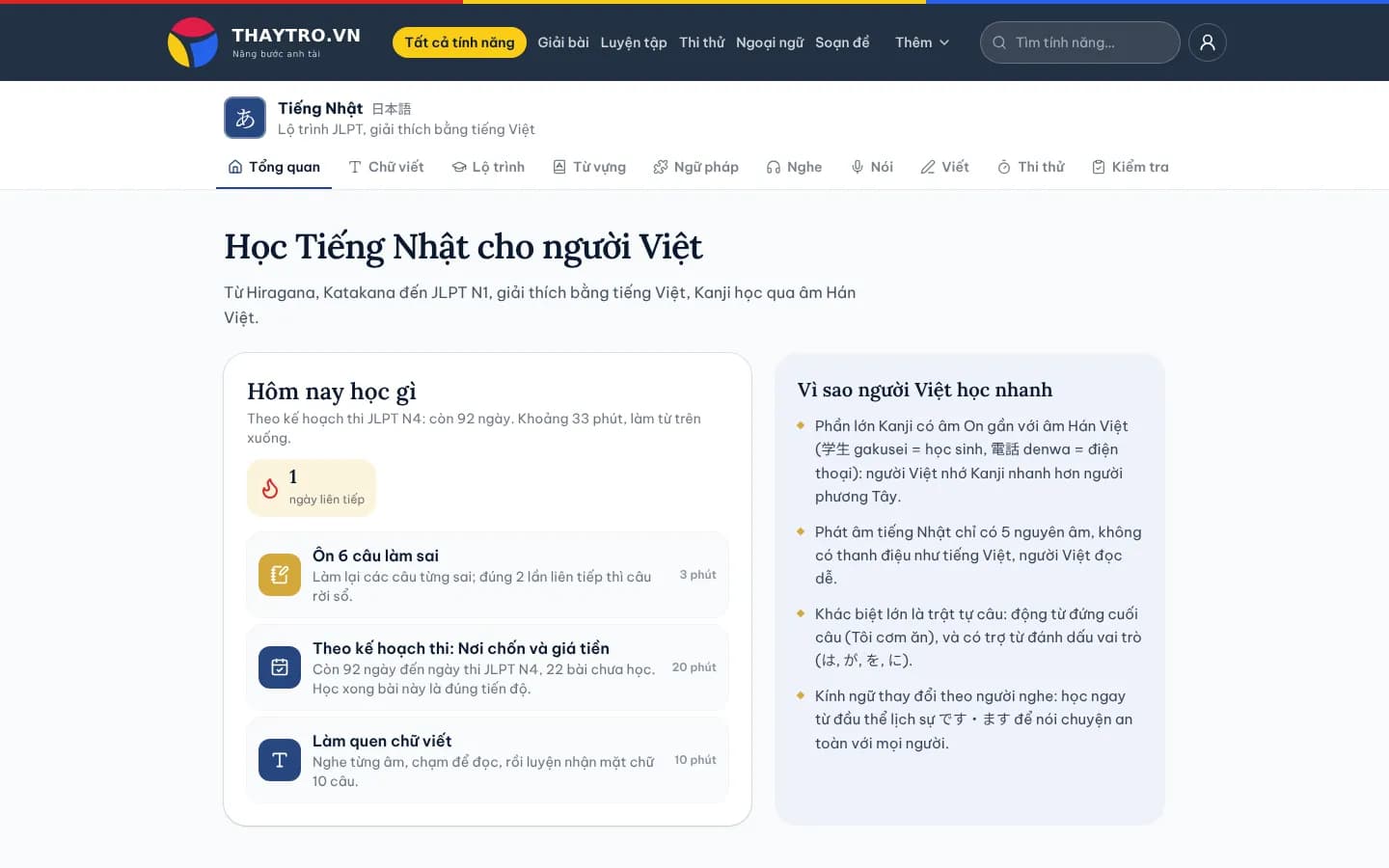 Tiếng Nhật: Trang tổng quan Tiếng Nhật trên máy tính: Hôm nay học gì theo kế hoạch thi, chuỗi ngày học, vì sao người Việt học nhanh