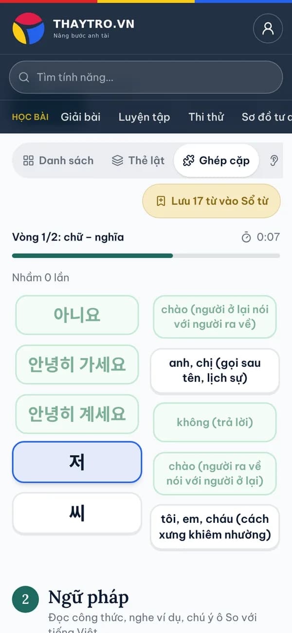 Tiếng Hàn: Trò ghép cặp chữ – nghĩa có bấm giờ: đã ghép đúng 3/5 cặp, đang chọn chữ tiếp theo