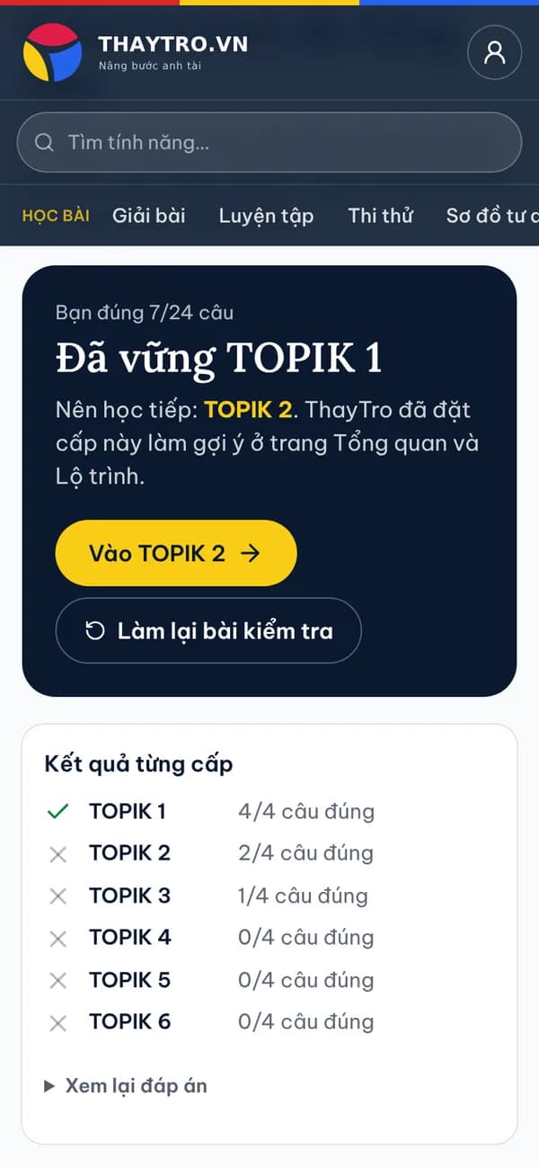 Tiếng Hàn: Kết quả kiểm tra trình độ: đúng 7/24 câu, “Đã vững TOPIK 1”, gợi ý cấp nên học tiếp và điểm từng cấp