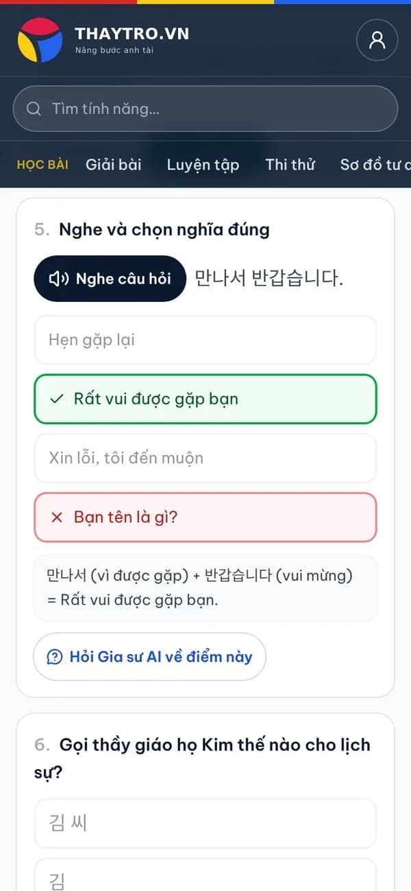 Tiếng Hàn: Luyện tập cuối bài: chấm ngay, câu sai hiện đáp án đúng và lời giải thích bằng tiếng Việt; đúng từ 80% là xong bài