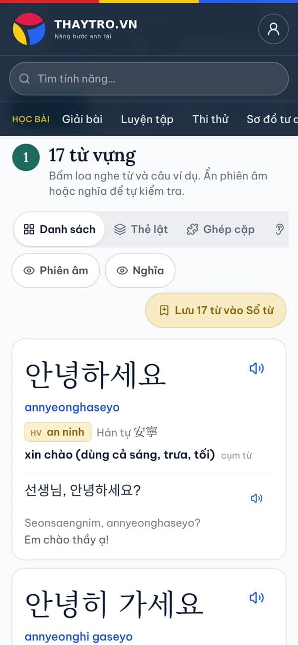 Tiếng Hàn: Thẻ từ vựng bài 1 TOPIK 1: chữ, phiên âm, nhãn Hán Việt, nghĩa, câu ví dụ có loa nghe