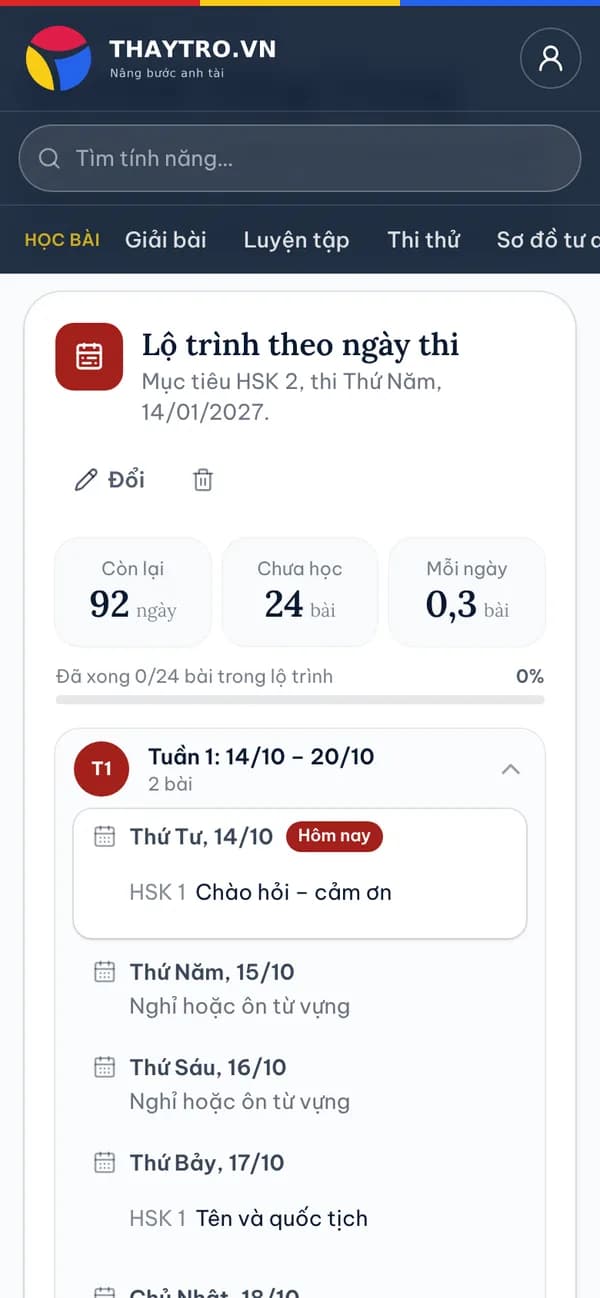 Tiếng Trung: Lộ trình theo ngày thi: mục tiêu HSK 2, thi ngày 14/01/2027, số bài mỗi ngày và lịch học từng tuần