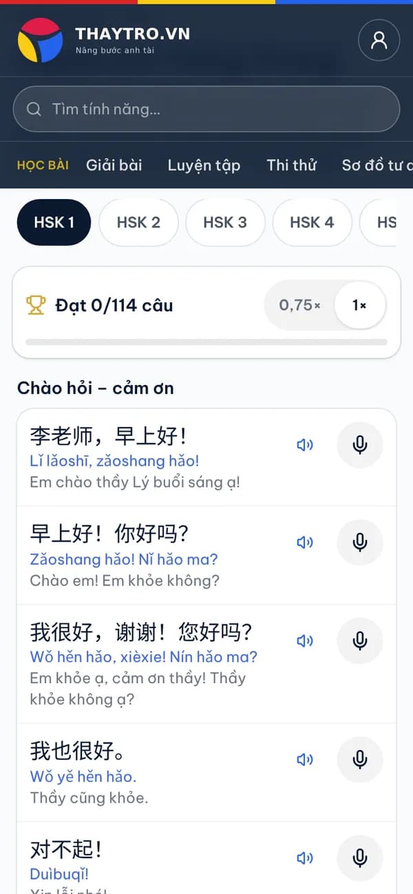 Tiếng Trung: Luyện nói: nghe câu mẫu trong hội thoại, bấm micro nói lại, máy so từng chữ và báo đạt từ 80%