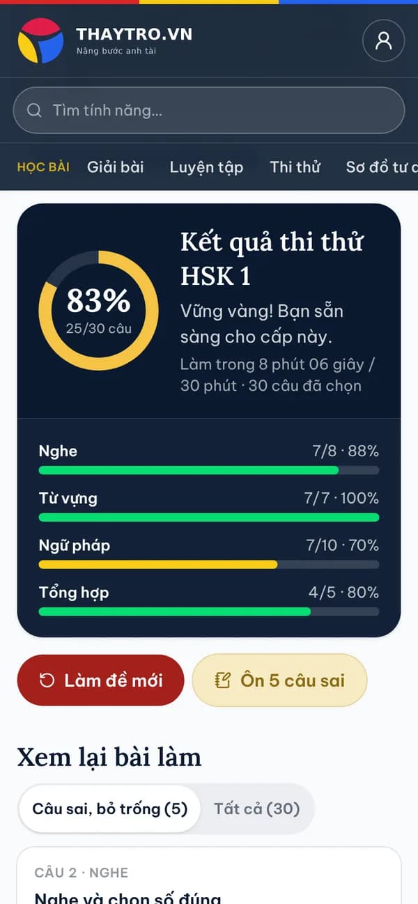 Tiếng Trung: Thi thử HSK 1 30 câu bấm giờ: đúng 83%, điểm theo từng kỹ năng nghe, từ vựng, ngữ pháp, tổng hợp