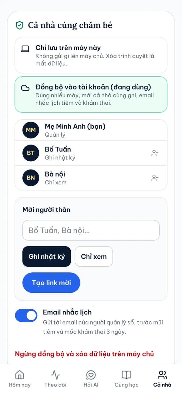 Màn hình Cả nhà cùng chăm bé: mời bố, ông bà vào sổ chung