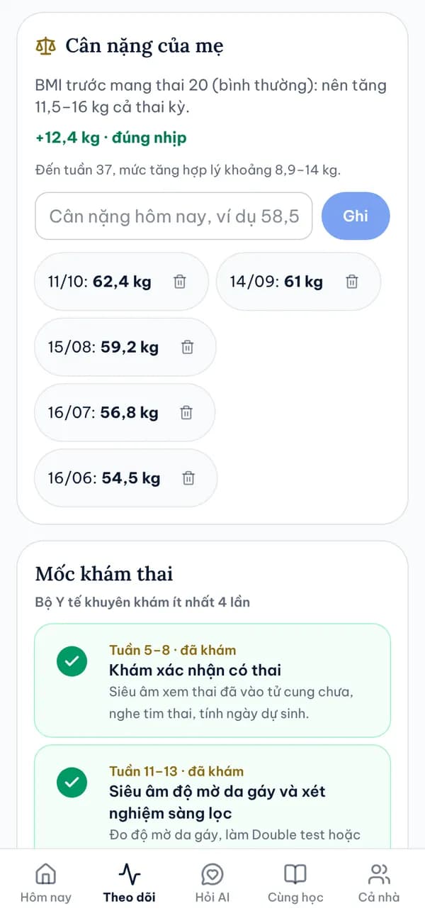 Màn hình Cân nặng mẹ và lịch khám thai trong Sổ Mẹ & Bé