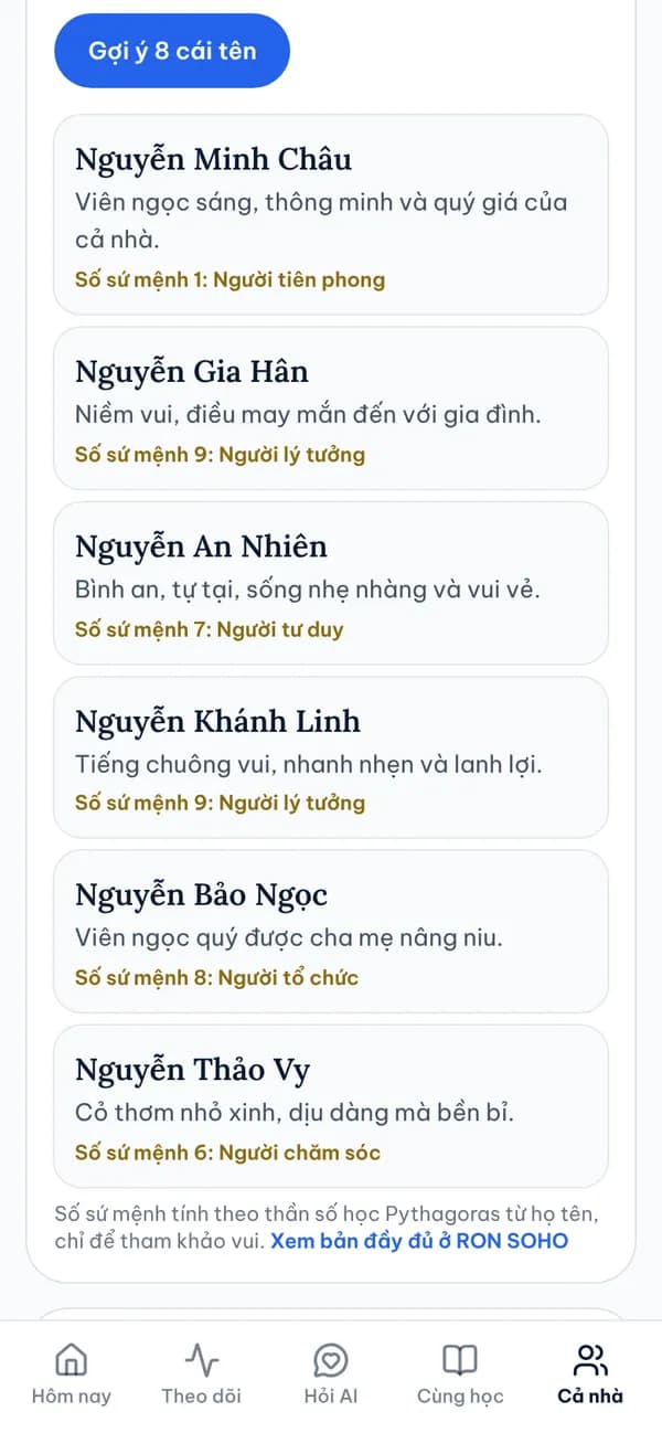 Màn hình Gợi ý đặt tên cho con trong Sổ Mẹ & Bé