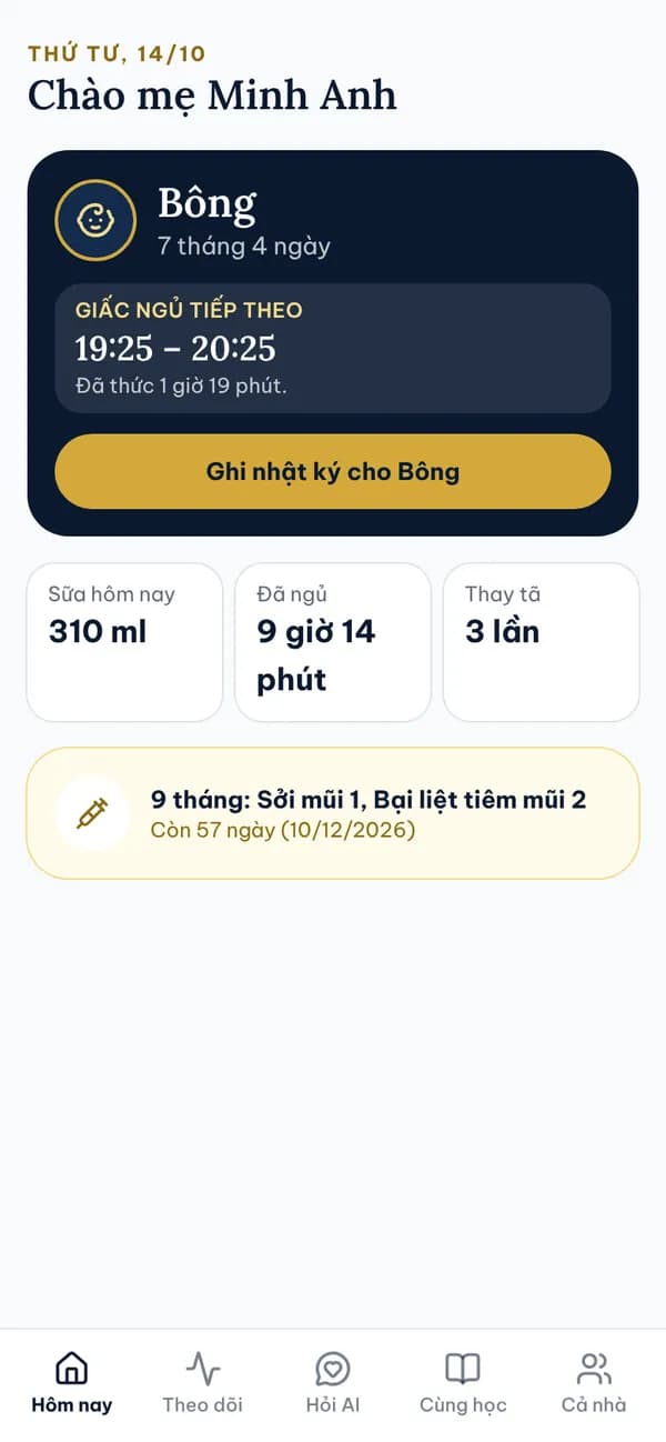Màn hình Hôm nay của bé trong Sổ Mẹ & Bé
